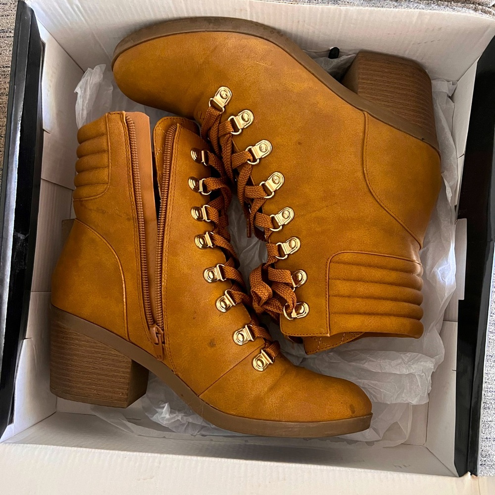 G BY GUESS TAN BOOTIES